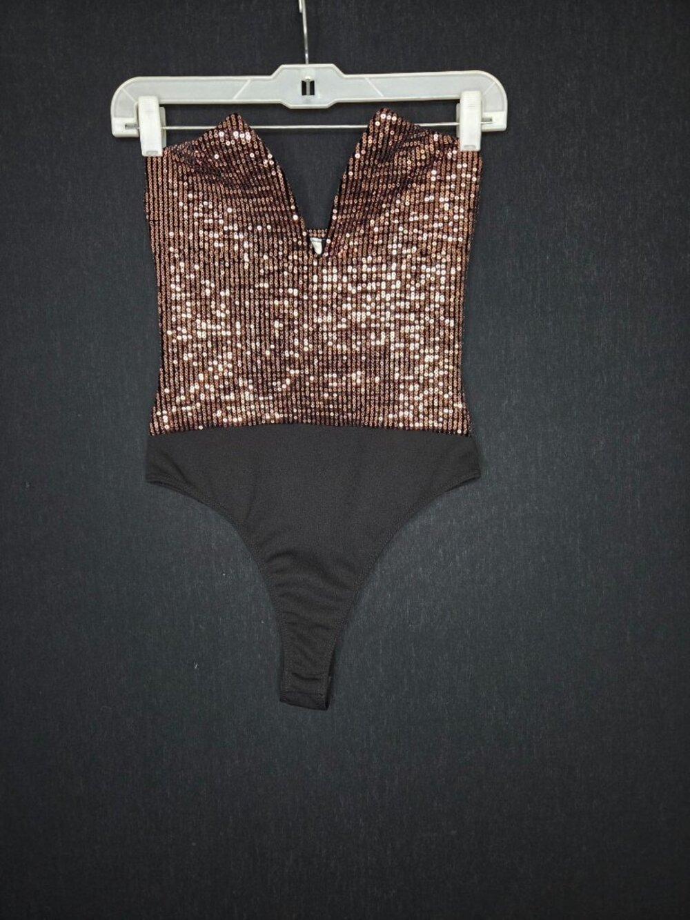 NWOT Chocolate USA Bronze Sequin Strapless Thong Bodysuit Size S Bustier Party